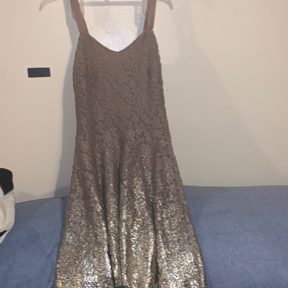 Free People Floral Brown & Gold Metallic Ombré Foil Lace Dress Sz xs extra small